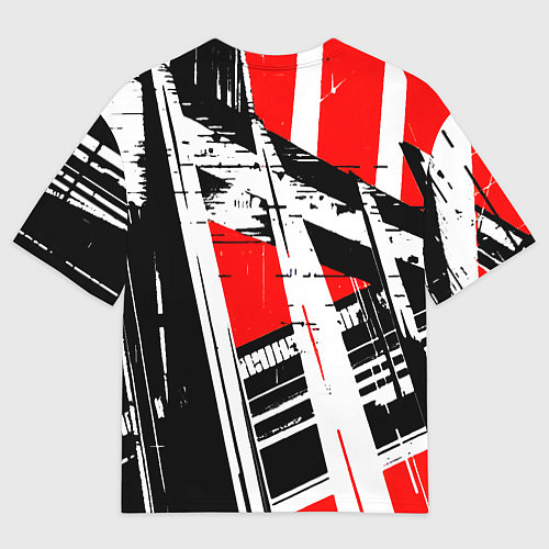 Мужская футболка оверсайз Чёрно-белые абстрактные линии на красном фоне / 3D-принт – фото 2