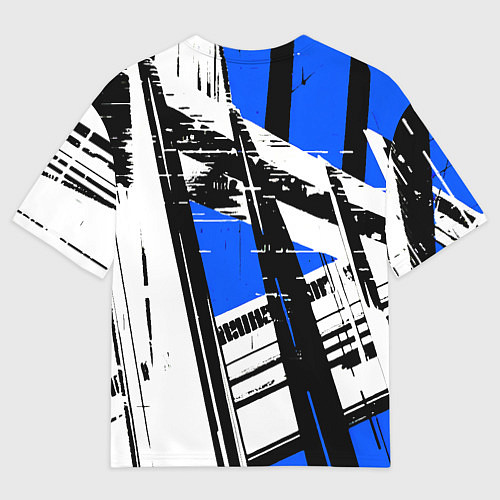 Мужская футболка оверсайз Чёрно-белые абстрактные линии на синем фоне / 3D-принт – фото 2