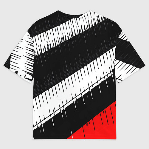 Мужская футболка оверсайз Диагональные чёрно-белые полосы на красном фоне / 3D-принт – фото 2