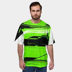 Футболка оверсайз мужская Горизонтальные чёрно-белые линии на зелёном фоне, цвет: 3D-принт — фото 2