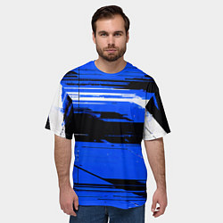 Футболка оверсайз мужская Горизонтальные чёрно-белые линии на синем фоне, цвет: 3D-принт — фото 2
