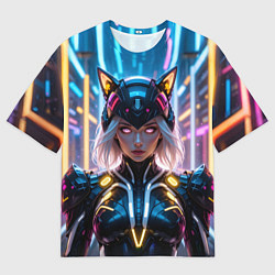 Мужская футболка оверсайз Девушка кошка неон