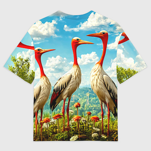 Мужская футболка оверсайз Аисты в горах / 3D-принт – фото 2