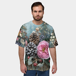 Футболка оверсайз мужская Новогодние цветы и шишки, цвет: 3D-принт — фото 2