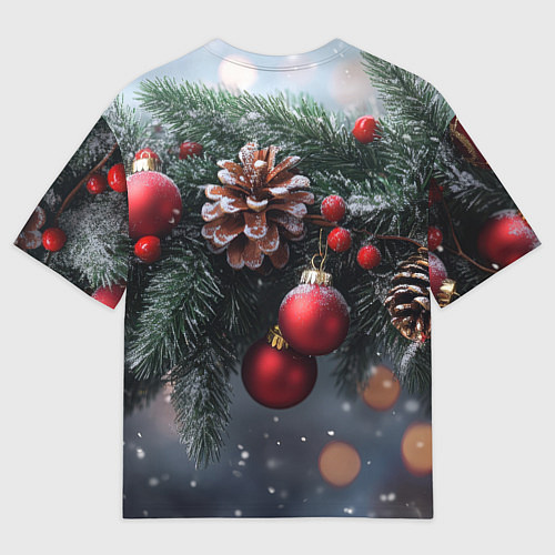 Мужская футболка оверсайз Красные игрушки на елке и шишки / 3D-принт – фото 2