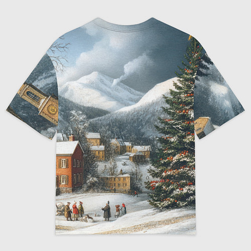 Мужская футболка оверсайз Новогодняя огромная елка и маленькие домики / 3D-принт – фото 2