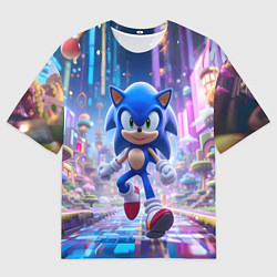 Футболка оверсайз мужская Sonic в неоновом городе, цвет: 3D-принт