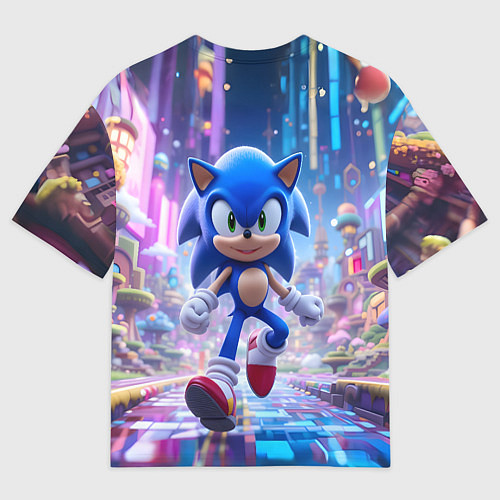 Мужская футболка оверсайз Sonic в неоновом городе / 3D-принт – фото 2