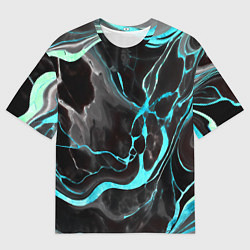 Футболка оверсайз мужская Голубые флюиды на чёрном фоне, цвет: 3D-принт
