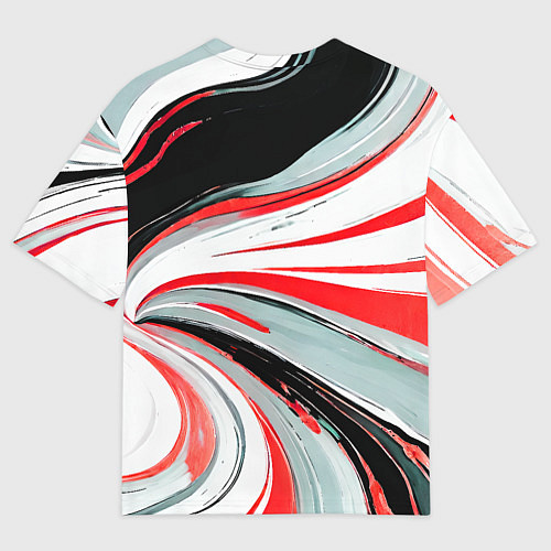 Мужская футболка оверсайз Волнистые бело-красные линии на чёрном фоне / 3D-принт – фото 2