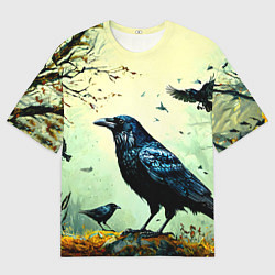 Мужская футболка оверсайз Черный ворон в осеннем лесу