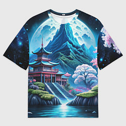 Мужская футболка оверсайз Пейзаж Японии и горы