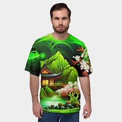 Футболка оверсайз мужская Природа Японии в зеленых цветах, цвет: 3D-принт — фото 2