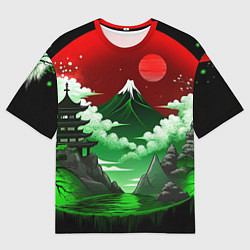 Мужская футболка оверсайз Япония красно-зеленая природа