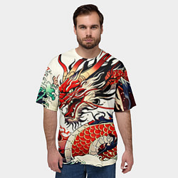 Футболка оверсайз мужская Красный дракон в японском стиле ирезуми, цвет: 3D-принт — фото 2