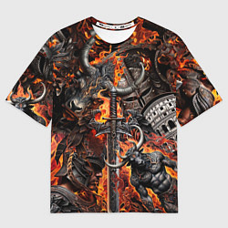 Футболка оверсайз мужская Гладиатор и минотавр на фоне огня мечей и щитов, цвет: 3D-принт