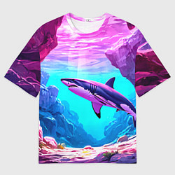 Мужская футболка оверсайз Акула в розовом сиянии