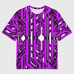 Футболка оверсайз мужская Чёрно-фиолетовые техно полосы на белом фоне, цвет: 3D-принт
