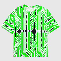 Футболка оверсайз мужская Бело-зелёные техно полосы на чёрном фоне, цвет: 3D-принт