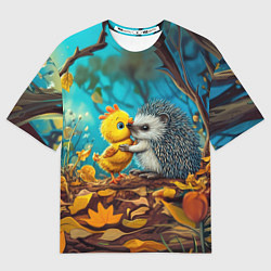 Футболка оверсайз мужская Милые ежик с цыпленком в осеннем лесу, цвет: 3D-принт