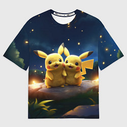Мужская футболка оверсайз Пикачу и огоньки в небе