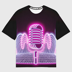 Мужская футболка оверсайз Розовый неоновый микрофон