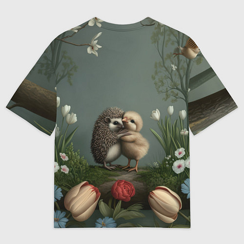 Мужская футболка оверсайз Ежик и цыпленок обнимаются / 3D-принт – фото 2