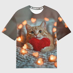 Мужская футболка оверсайз Рыжий кот держит сердечко