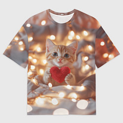 Мужская футболка оверсайз Кошечка держит в лапках сердечко