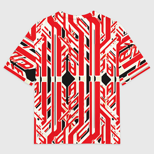Мужская футболка оверсайз Бело-красные техно полосы на чёрном фоне / 3D-принт – фото 2