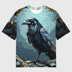 Футболка оверсайз мужская Черный ворон на черном, цвет: 3D-принт