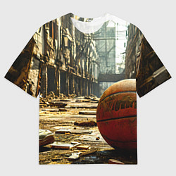 Мужская футболка оверсайз Баскетбольный мяч и город постапокалипсиса