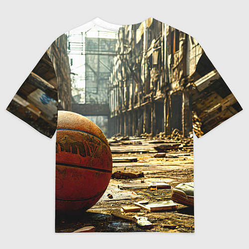 Мужская футболка оверсайз Баскетбольный мяч и город постапокалипсиса / 3D-принт – фото 2