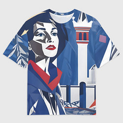 Мужская футболка оверсайз Девушка с красным шарфом