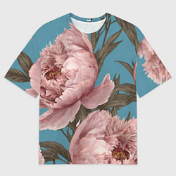 Футболка оверсайз мужская Розовые пионы на голубом, цвет: 3D-принт