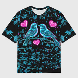 Мужская футболка оверсайз Неоновые птицы и сердечки