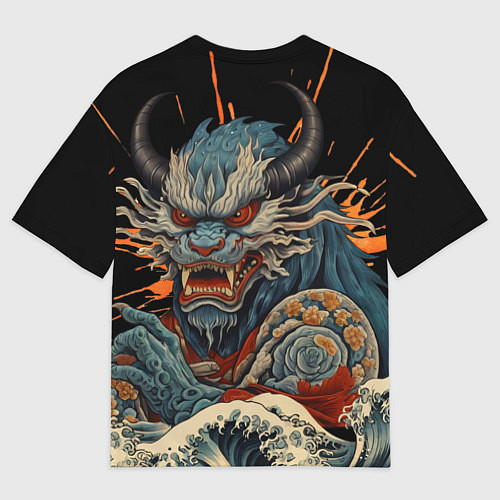 Мужская футболка оверсайз Японский дракон и волны в стиле тату ирезуми / 3D-принт – фото 2