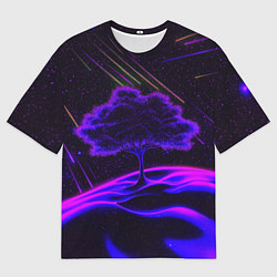Мужская футболка оверсайз Дерево и звездопад неоновый космос
