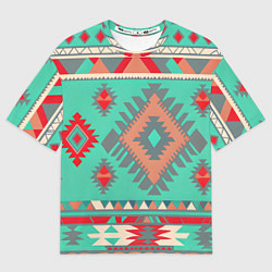 Футболка оверсайз мужская Оранжево бирюзовый геометрический узор в стиле ацт, цвет: 3D-принт