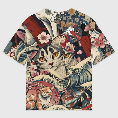 Мужская футболка оверсайз Котики и рыбки в сакуре / 3D-принт – фото 2