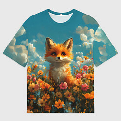 Мужская футболка оверсайз Лисица в цветочном поле