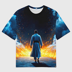 Мужская футболка оверсайз Айкидоист в огне и синий дым