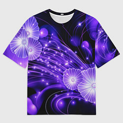 Футболка оверсайз мужская Силуэты цветов на темном фоне - фиолетовое свечени, цвет: 3D-принт