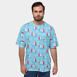 Футболка оверсайз мужская Морской паттерн с парусными лодками и чайками, цвет: 3D-принт — фото 2