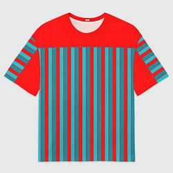 Футболка оверсайз мужская Красно синий комбинированный узор с полосами, цвет: 3D-принт
