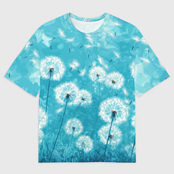 Футболка оверсайз мужская Белые одуванчики на бирюзовом фоне, цвет: 3D-принт