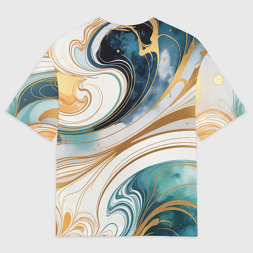 Мужская футболка оверсайз Аквамарин и оранж узор с завитками / 3D-принт – фото 2