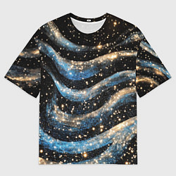 Мужская футболка оверсайз Волнистые синие линии на черном