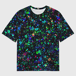 Мужская футболка оверсайз Чёрный с брызгами сине-зелёными абстракция