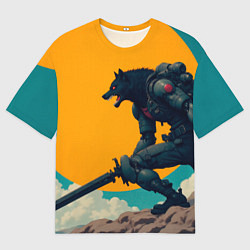 Мужская футболка оверсайз Киберчеловек-волк